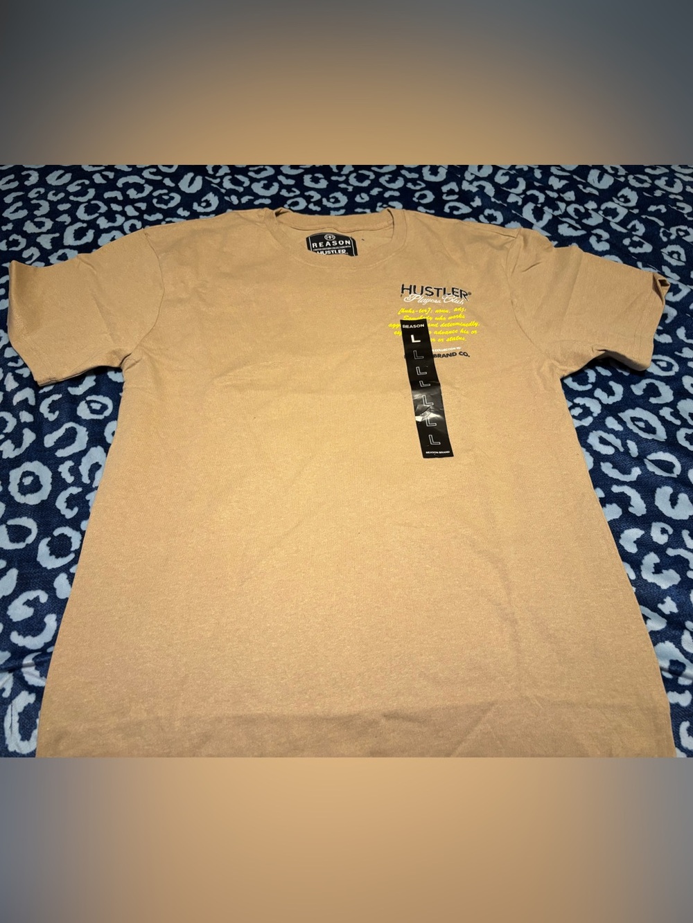 Hustler Hollywood Men's Short Sleeve Crewneck T-Shirt in Tan with Black Accent